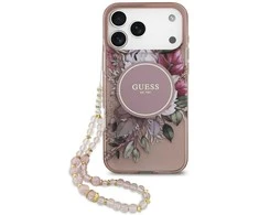 Guess IML Flowers Strap MagSafe dėklas skirtas Apple iPhone 17 Pro Max rožinės spalvos