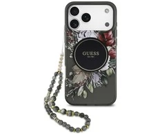 Guess IML Flowers Pearl Strap MagSafe dėklas skirtas Apple iPhone 17 Pro Max juodos spalvos