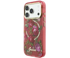 Dėklas Guess IML Glitter Blossom Roses do iPhone 18 Pro Max / 17 Pro Max bordo spalvos
