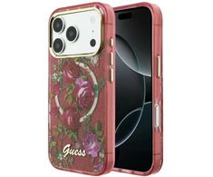 Dėklas Guess IML Glitter Blossom Roses do iPhone 18 Pro Max / 17 Pro Max bordo spalvos