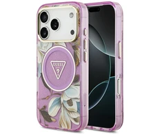 Dėklas Guess IML Glitter Flowers Triangle MagSafe Case for iPhone 17 Pro / 18 Pro - Violetinė