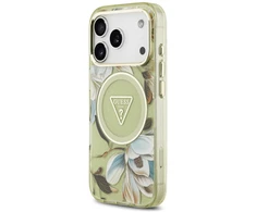 Dėklas Guess IML Glitter Flowers Triangle MagSafe do iPhone 18 Pro Max / 17 Pro Max žalia