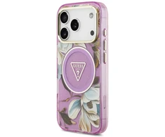 Dėklas Guess IML Glitter Flowers Triangle MagSafe Case for iPhone 17 Pro / 18 Pro - Violetinė