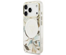 Dėklas Guess IML Glitter Flowers Triangle MagSafe Case for iPhone 17 Pro / 18 Pro - Baltas