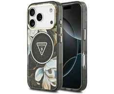 Dėklas Guess IML Glitter Flowers Triangle MagSafe do iPhone 18 Pro Max / 17 Pro Max juoda