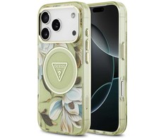 Dėklas Guess IML Glitter Flowers Triangle MagSafe skirtas Apple iPhone 17 Pro Max žalios spalvos