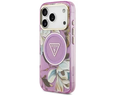 Dėklas Guess IML Glitter Flowers Triangle MagSafe do iPhone 18 Pro Max / 17 Pro Max violetinė