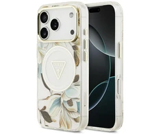 Dėklas Guess IML Glitter Flowers Triangle MagSafe Case for iPhone 17 Pro / 18 Pro - Baltas