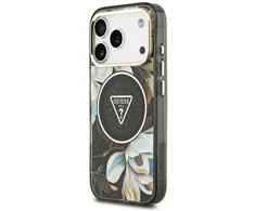 Dėklas Guess IML Glitter Flowers Triangle MagSafe Case for iPhone 17 Pro / 18 Pro - Juodas