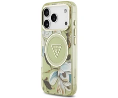Dėklas Guess IML Glitter Flowers Triangle MagSafe Case for iPhone 17 Pro / 18 Pro - Žalias
