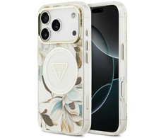 Guess IML Glitter Flowers Triangle MagSafe dėklas skirtas Apple iPhone 17 Pro baltos spalvos