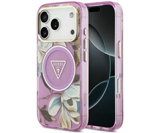 Dėklas Guess IML Glitter Flowers Triangle MagSafe do iPhone 18 Pro Max / 17 Pro Max violetinė