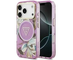 Dėklas Case Guess IML Glitter Flowers Triangle MagSafe for Apple iPhone 17 Pro Max violetinė