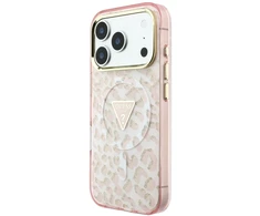 Dėklas Guess IML Leopard Glitter Triangle Logo MagSafe do iPhone 18 Pro / 17 Pro rožinė