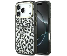 Dėklas Guess IML Leopard Glitter Triangle Logo MagSafe do iPhone 18 Pro / 17 Pro juoda