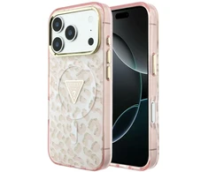 Dėklas Guess IML Leopard Glitter Triangle Logo MagSafe do iPhone 18 Pro / 17 Pro rožinė