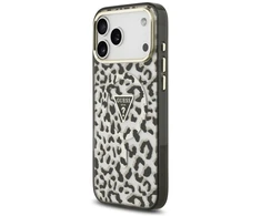 Dėklas Guess IML Leopard Glitter Triangle Logo MagSafe do iPhone 18 Pro Max / 17 Pro Max juoda