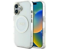 Originalus Dėklas GUESS IML Metal Colored Circle Classic Logo MagSafe skirtas Apple iPhone 16 baltos spalvos