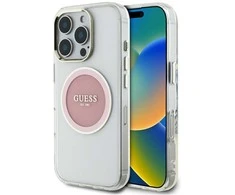 Originalus Dėklas GUESS IML Metal Colored Circle Classic Logo MagSafe skirtas Apple iPhone 16 Pro Max rožinės spalvos