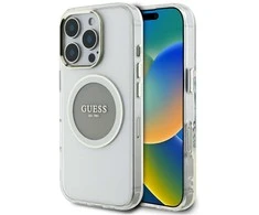 Originalus Dėklas GUESS IML Metal Colored Circle Classic Logo MagSafe skirtas Apple iPhone 16 Pro Max pilkos spalvos