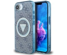Guess IML Metal Glitter 4G Circle Triangle MagSafe dėklas, skirtas iPhone 16e - Mėlyna