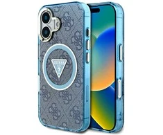 Guess IML Metal Glitter 4G Circle Triangle MagSafe dėklas, skirtas iPhone 16 - Mėlyna