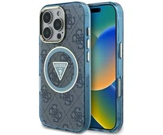 Guess IML Metal Glitter 4G Circle Triangle MagSafe dėklas, skirtas iPhone 16 Pro - Mėlyna