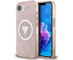 Guess IML Metal Glitter 4G Circle Triangle MagSafe dėklas iPhone 16e - rožinis