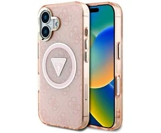 Guess IML Metal Glitter 4G Circle Triangle MagSafe dėklas iPhone 16 - rožinis