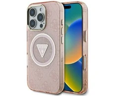 Guess IML Metal Glitter 4G Circle Triangle MagSafe dėklas, skirtas iPhone 16 Pro - Rožinė
