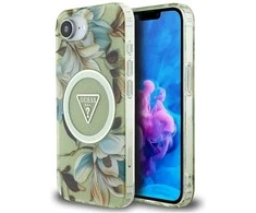 Guess IML Metal Glitter Flowers Triangle MagSafe iPhone 16e Dėklas - Žalias