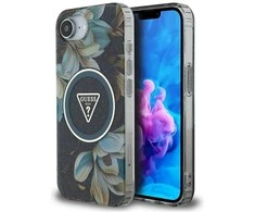 Guess IML Metal Glitter Flowers Triangle MagSafe dėklas iPhone 16e - juodas