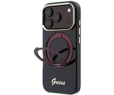 Guess IML Ring Stand 360 Script Metal Logo MagSafe dėklas, skirtas iPhone 18 Pro Max / 17 Pro Max, bordo spalvos
