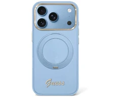 Dėklas Guess IML Ring Stand 360 Script Metal Logo MagSafe do iPhone 18 Pro / 17 Pro Šviesiai mėlynas