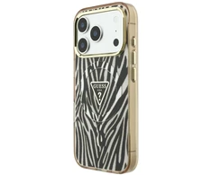 Dėklas Guess IML Zebra Glitter Triangle Logo MagSafe do iPhone 18 Pro / 17 Pro auksinė
