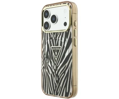Dėklas Guess IML Zebra Glitter Triangle Logo MagSafe do iPhone 18 Pro Max / 17 Pro Max auksinė