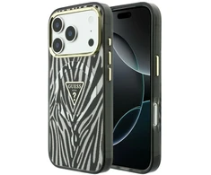 Dėklas Guess IML Zebra Glitter Triangle Logo MagSafe do iPhone 18 Pro Max / 17 Pro Max sidabrinė