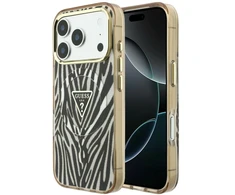 Dėklas Guess IML Zebra Glitter Triangle Logo MagSafe do iPhone 18 Pro Max / 17 Pro Max auksinė