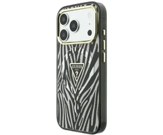 Dėklas Guess IML Zebra Glitter Triangle Logo MagSafe do iPhone 18 Pro Max / 17 Pro Max sidabrinė