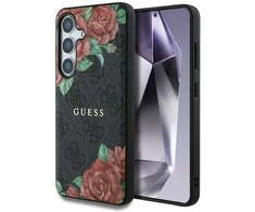 Guess Leather 4G Flowers Print Metal Classic Logo MagSafe Samsung Galaxy S25 dėklas telefonui juodos spalvos