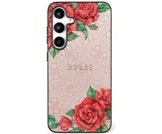 Dėklas Guess Leather 4G Flowers Print Metal Classic Logo MagSafe Samsung Galaxy S25 dėkals telefonui rožinės spalvos