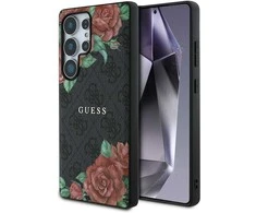 Guess Leather 4G Flowers Print Metal Classic Logo MagSafe Samsung Galaxy S25 Ultra dėklas telefonui juodos spalvos