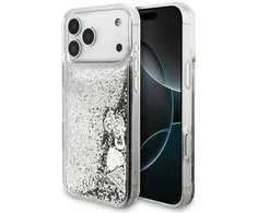 Guess Liq. Glitter Charms dėklas skirtas Apple iPhone 17 Pro Max sidabro spalvos