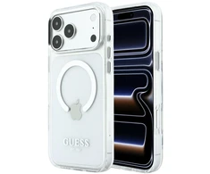 Guess Metal Outline MagSafe dėklas, skirtas iPhone 18 Pro Max / 17 Pro Max, sidabrinis
