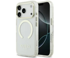 Guess Metal Outline MagSafe dėklas, skirtas iPhone 18 Pro / 17 Pro, auksinis