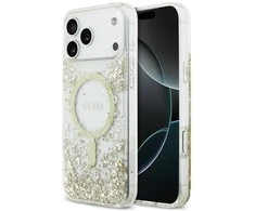 Dėklas Guess Resin Bottom Glitter MagSafe case for Apple iPhone 17 Pro Max auksinis