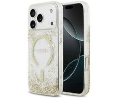 Guess Resin Bottom Glitter MagSafe dėklas skirtas Apple iPhone 17 Pro aukso spalvos