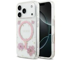 GUESS dėklas, skirtas IPHONE 17 Pro, suderinamas su MagSafe GUHMP17LRBFGFGMP (dervos gėlės ir blizgučiai), rožinis