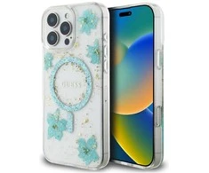 Guess Resin Flowers Glitter MagSafe iPhone 16 Pro Dėklas - Skaidrus Žalias