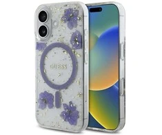 Guess Resin Flowers Glitter MagSafe dėklas iPhone 16 - violetinė